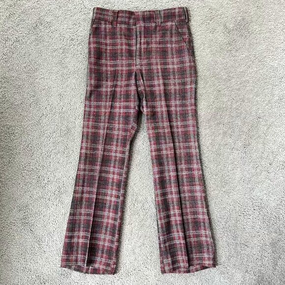 Vintage 70's Donegal Tweed Double Knit Plaid Flare Slacks Pants - EUC 32 x 31 - Picture 1 of 11